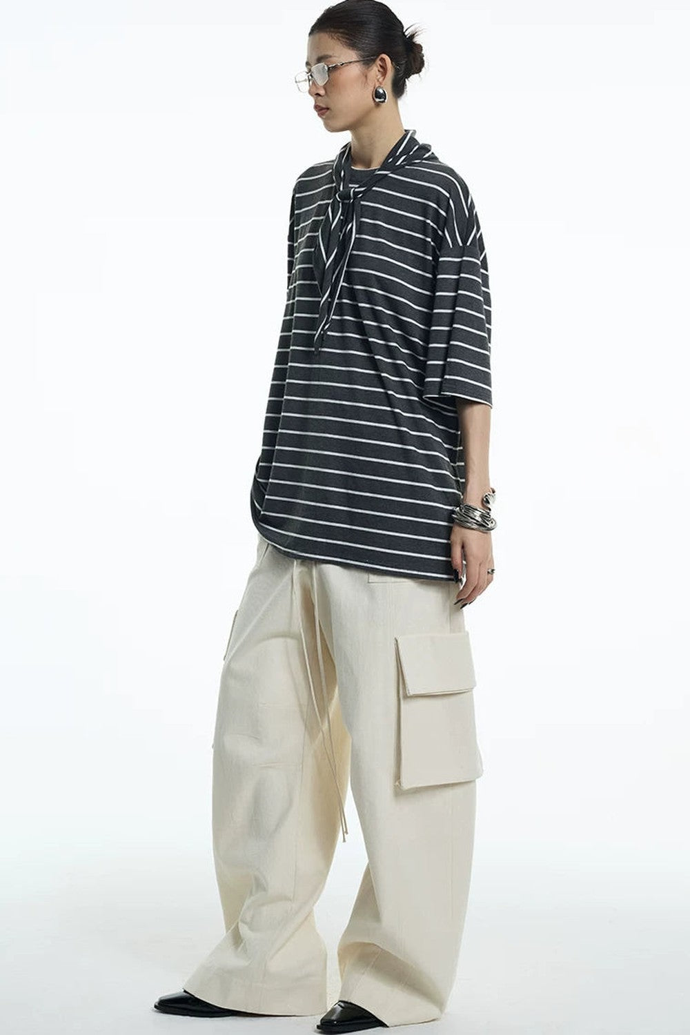 Oversize Gray White Striped Mid-Sleeve Tee