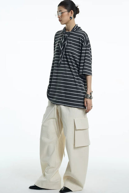 Oversize Gray White Striped Mid-Sleeve Tee