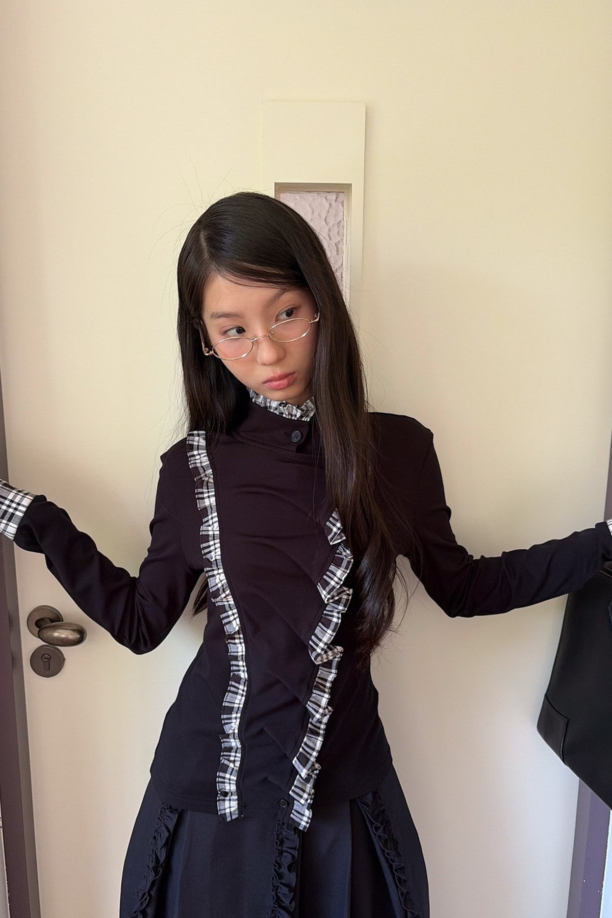 Plaid Ruffle Mock Collar Shirt