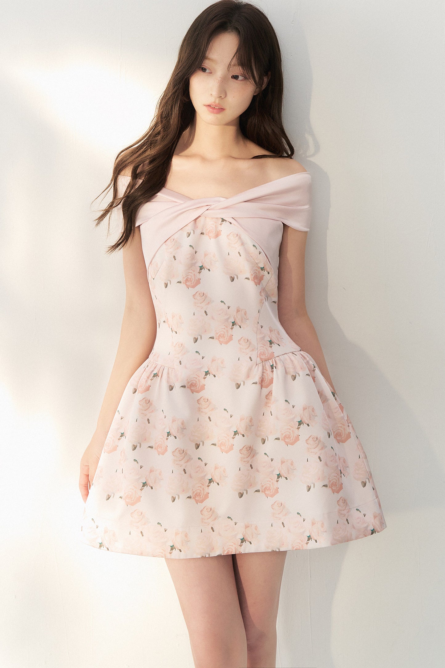Pink Satin Rose Print Dress