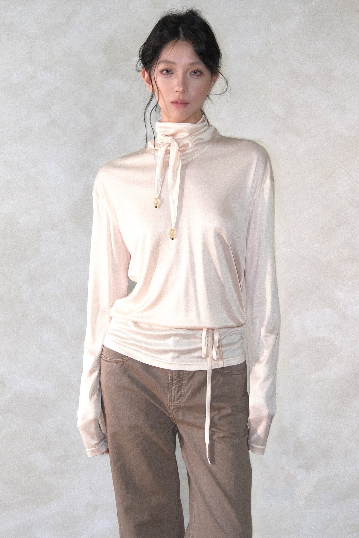 Acetate Knit High Neck Scarf Tie Top