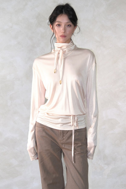 Acetate Knit High Neck Scarf Tie Top
