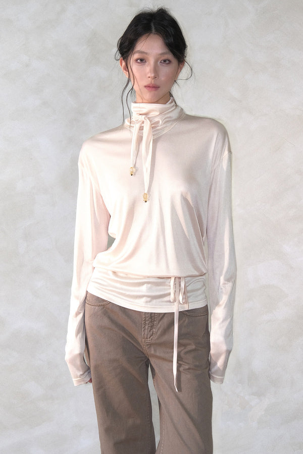 Acetate Knit High Neck Scarf Tie Top
