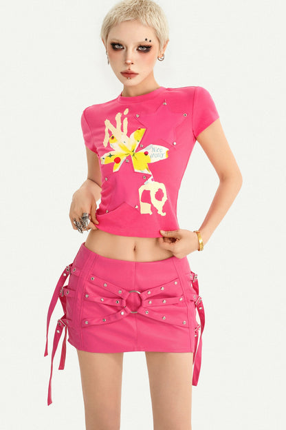 Studded Print Short Sleeve T-Shirt and Skirt Set-Up