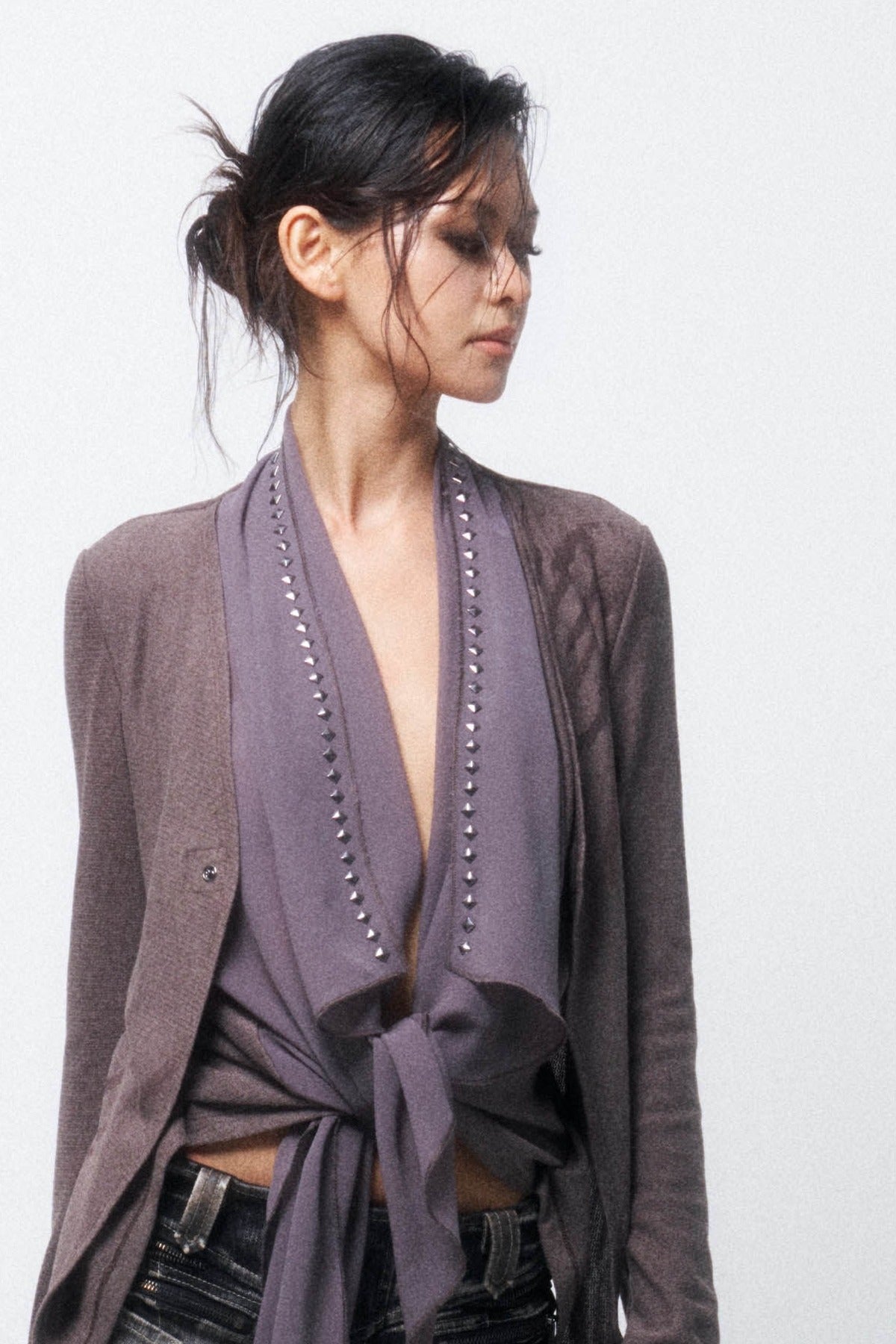 Layered-Look Knit Chiffon Cardigan