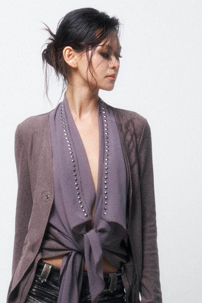 Layered-Look Knit Chiffon Cardigan