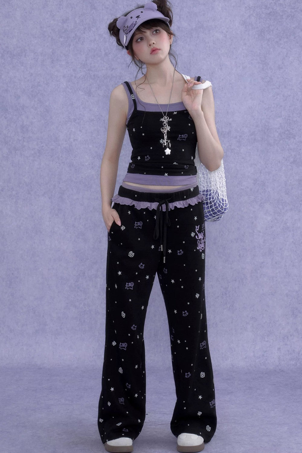 Black Purple Ruffle Print Pants Set-Up
