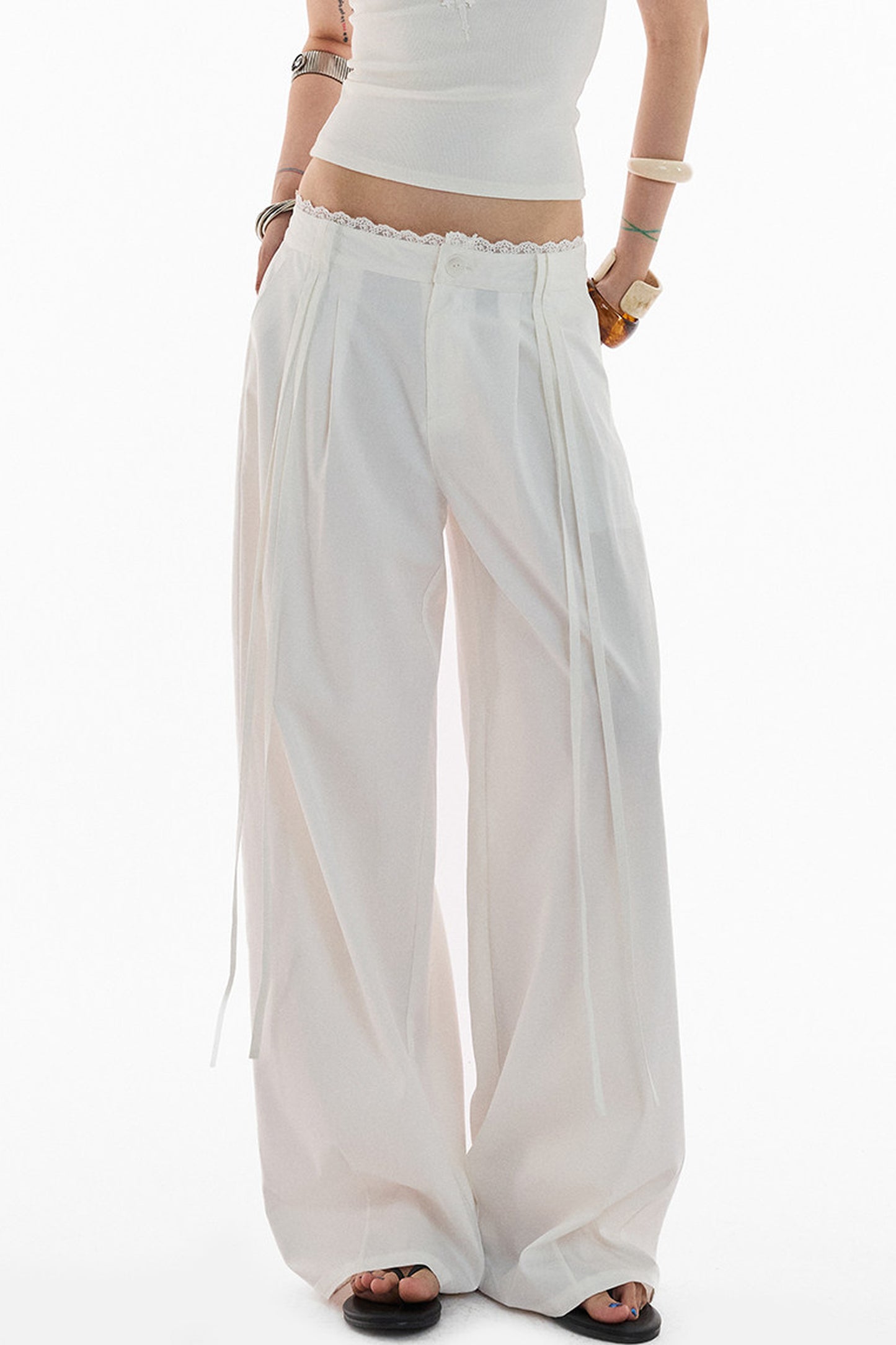 Lace Trim Pima Cotton Wide Leg Pants
