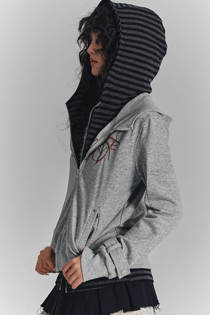 Striped Embroidered Knit Hooded Jacket