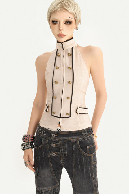 Sleeveless Backless Double-Breasted Halter Vest