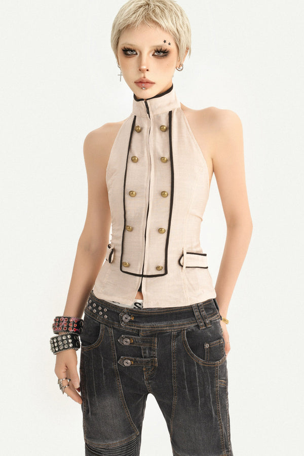 Sleeveless Backless Double-Breasted Halter Vest