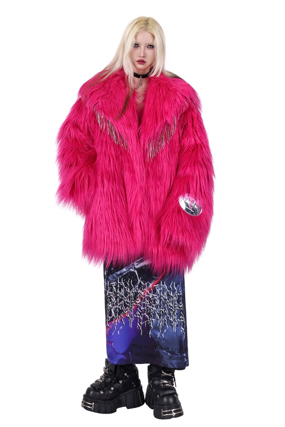 Pink Rhinestone Fringe Fur Jacket