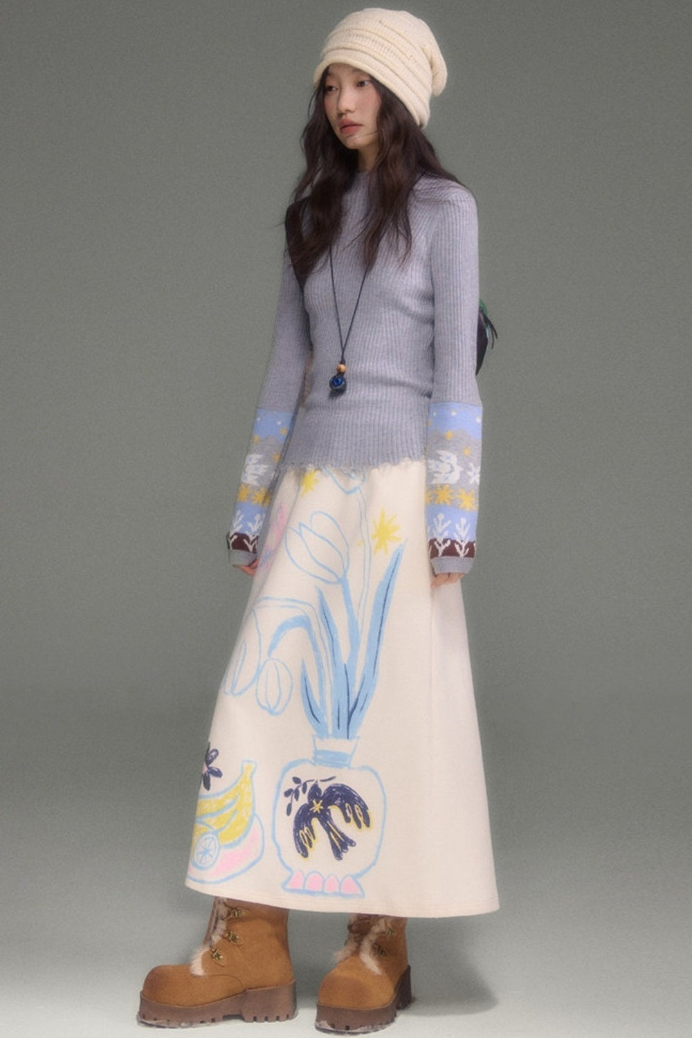 Wool Blend Bird Jacquard Knit Top