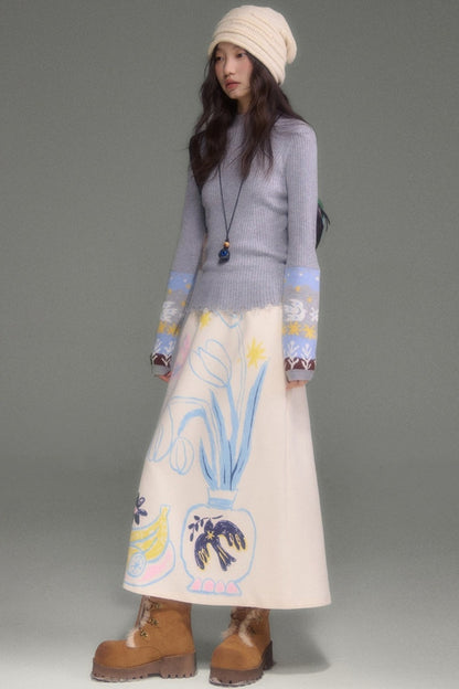 Wool Blend Bird Jacquard Knit Top