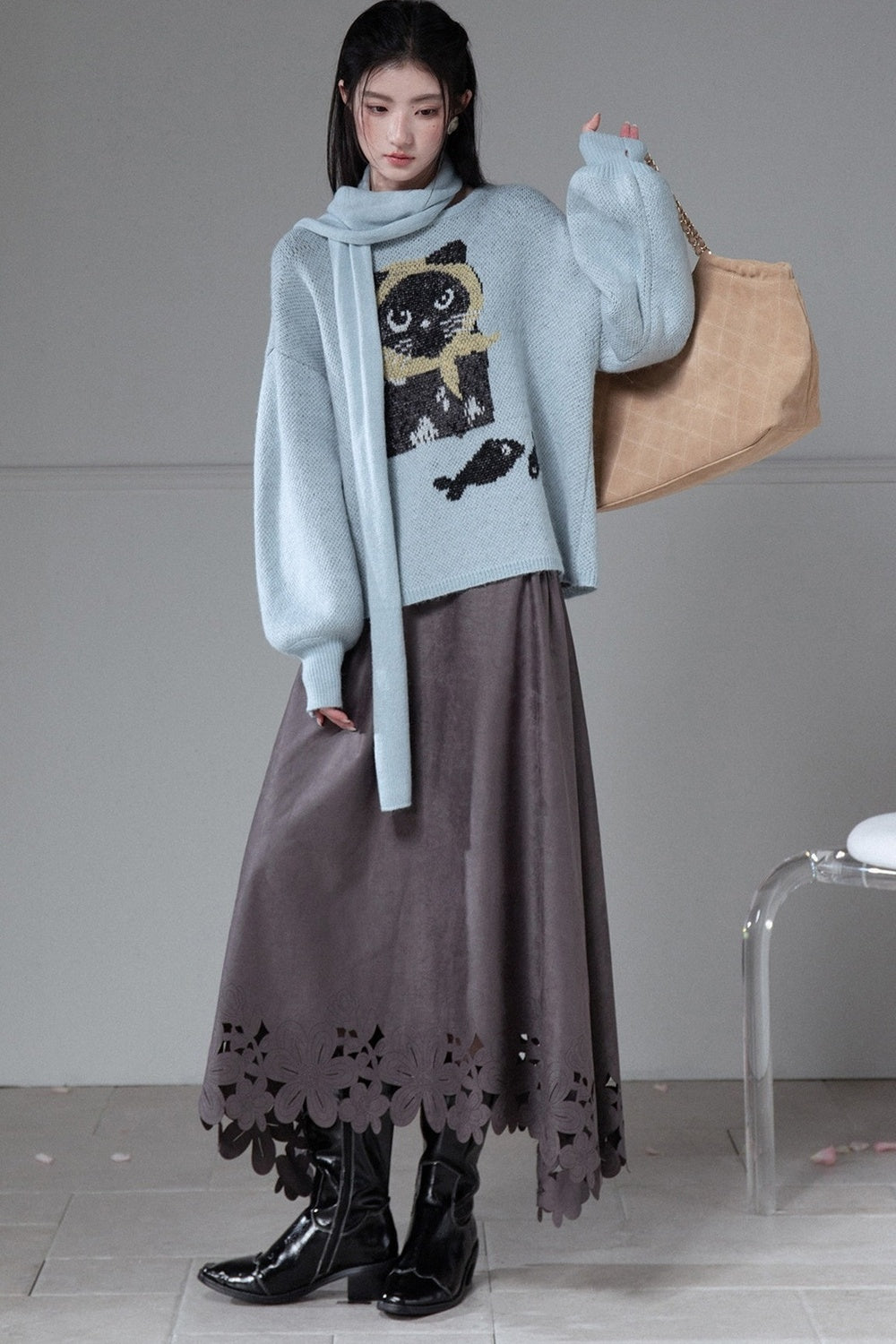 Black Cat Jacquard Wool Lantern Sleeve Sweater