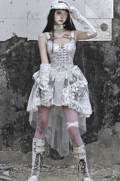 Distressed Suede Trailing Tie-Up Suspender Dress