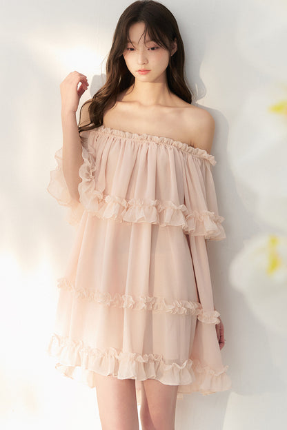 One-Shoulder Smoky Pink Tulle Lace Dress