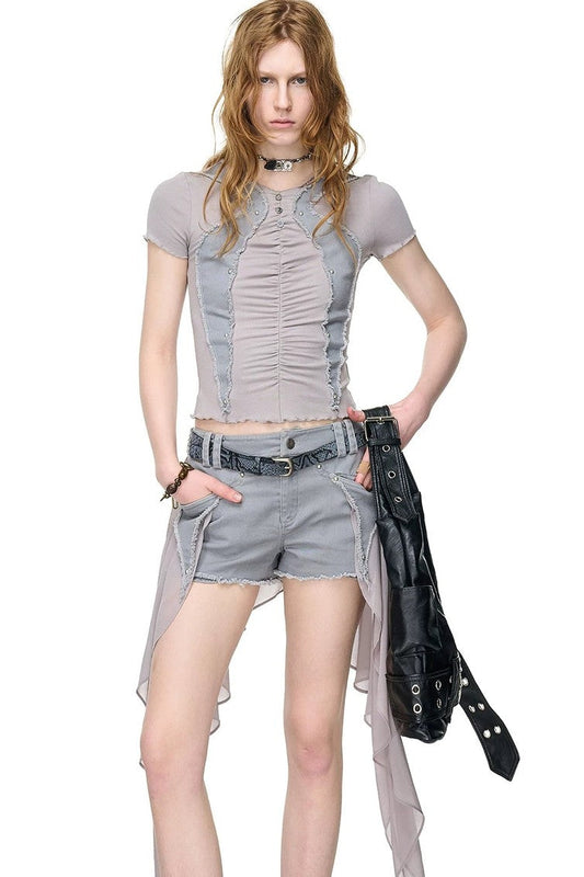 Pleated Rivet Patchwork Top