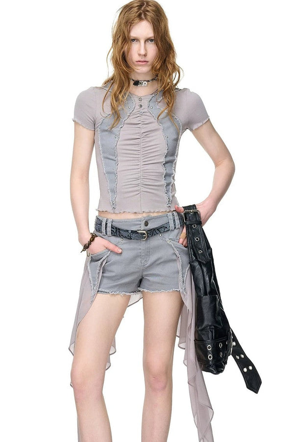 Pleated Rivet Patchwork Top