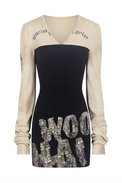 Printed Layered-Look V-Neck Dress