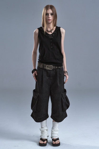 Hooded Patchwork Kangaroo Pocket Sleeveless Tank
