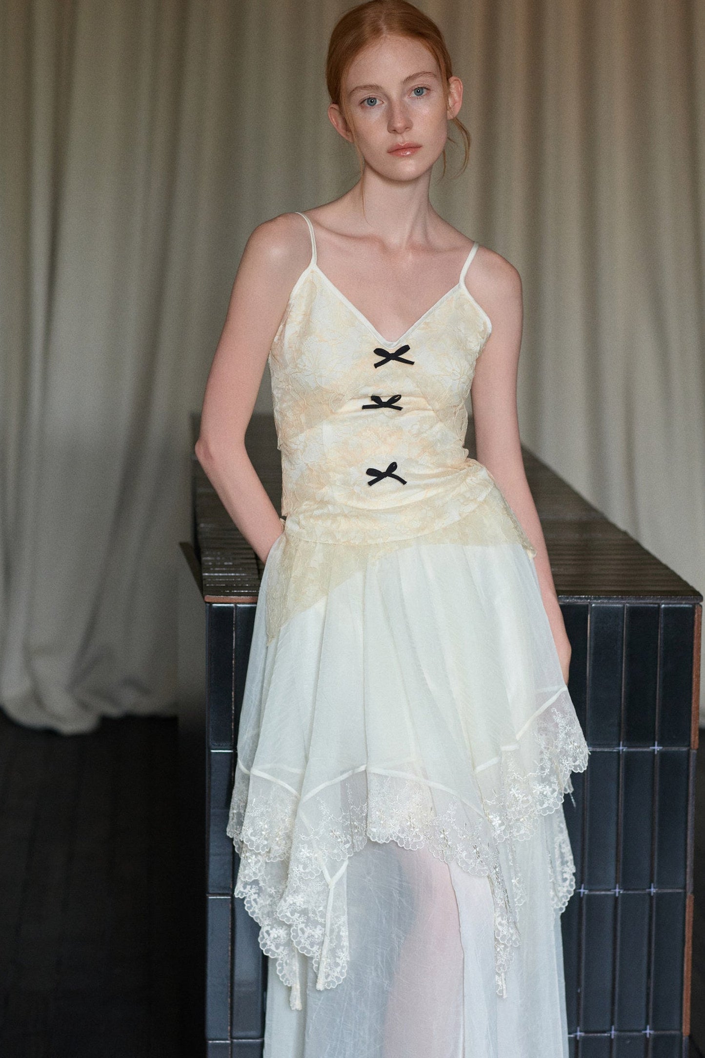 Beige Lace Bow Camisole Set-Up