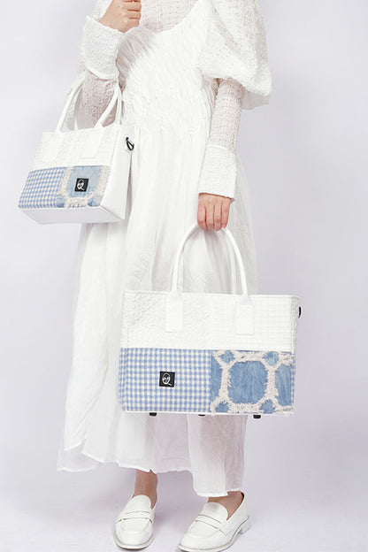Borsa tote quadrata piccola a toppe con cuciture