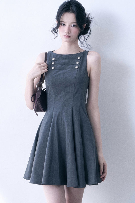 Decorative Button Sleeveless Flared Dress