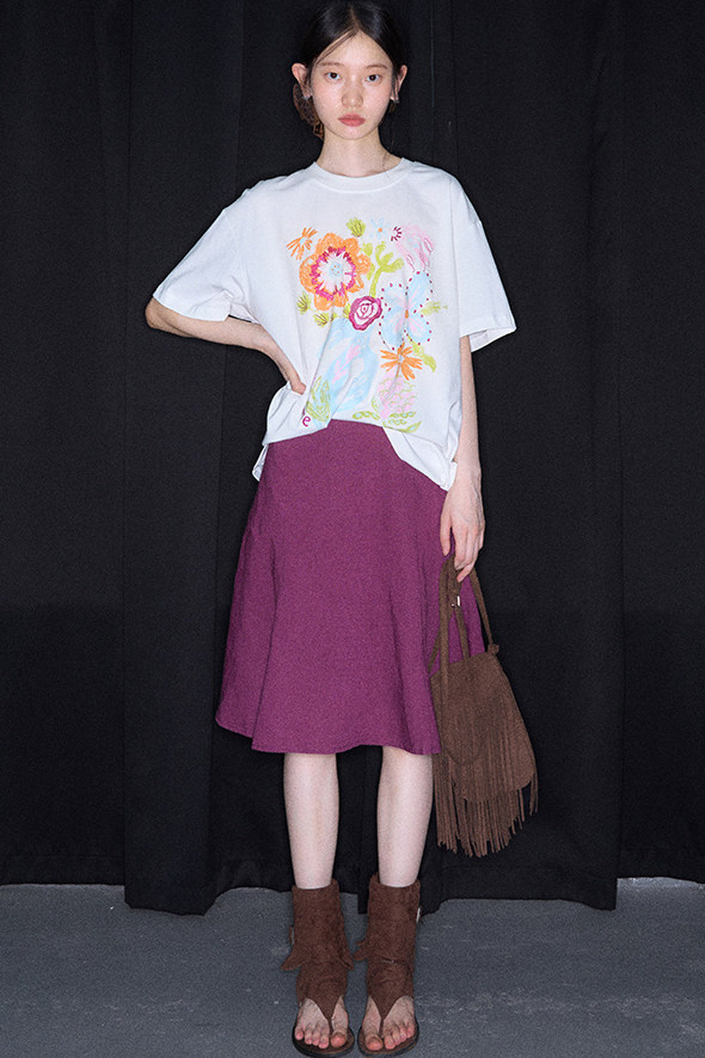Hand-Painted Floral Bird Embroidered T-Shirt