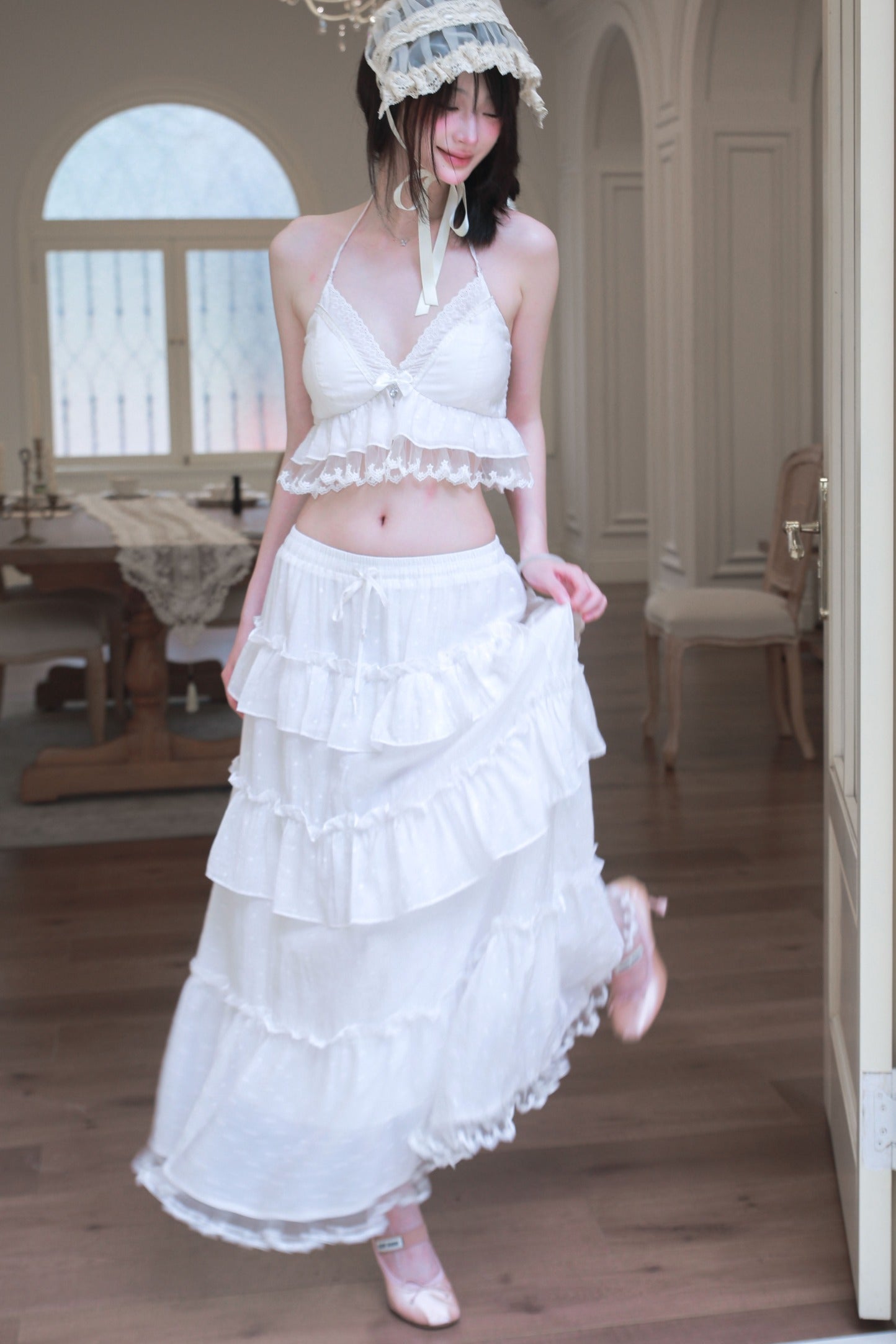 Ensemble caraco et jupe longue en Tencel blanc à imprimé étoiles