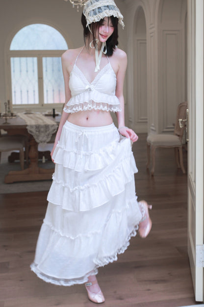 Ensemble caraco et jupe longue en Tencel blanc à imprimé étoiles