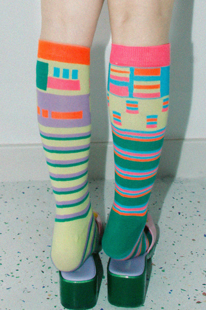 Asymmetrical Striped Cotton Calf Socks