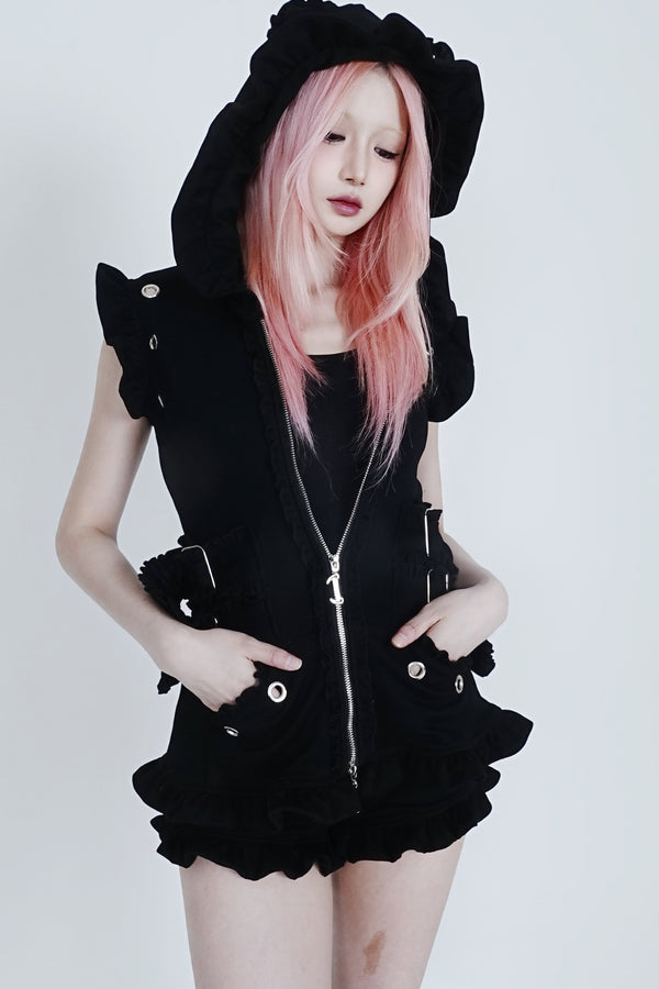 Hooded Cat Ear Vest Shorts Set-Up