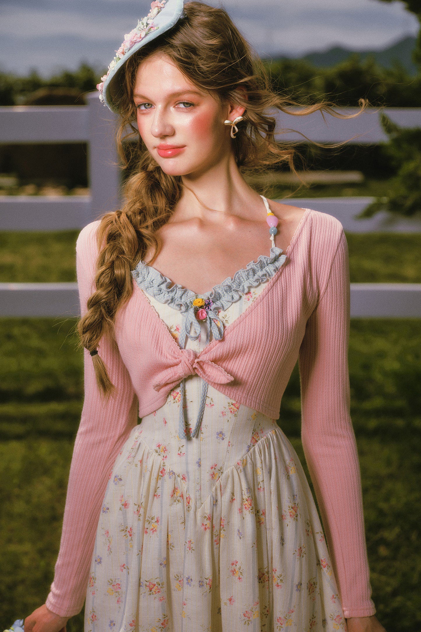 Floral Printed Fishbone Camisole Dress and Pink Cardigan Set-Up