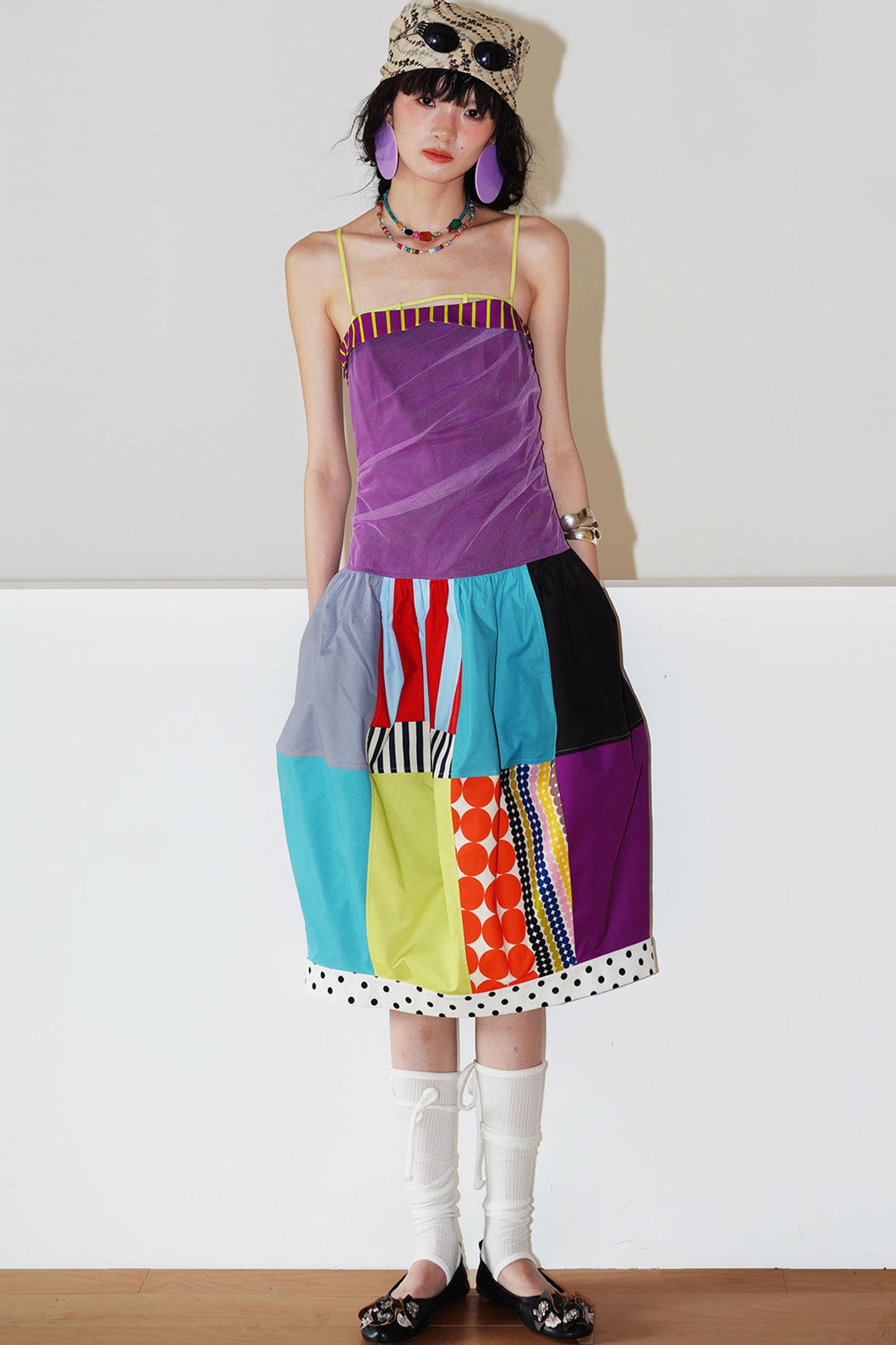 Patchwork Pleated Balloon Dress