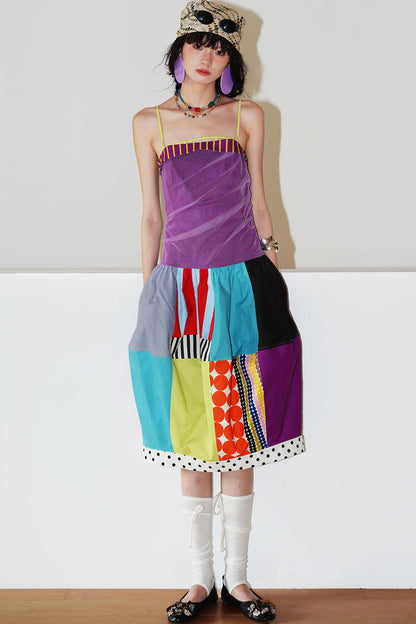 Patchwork Pleated Balloon Dress