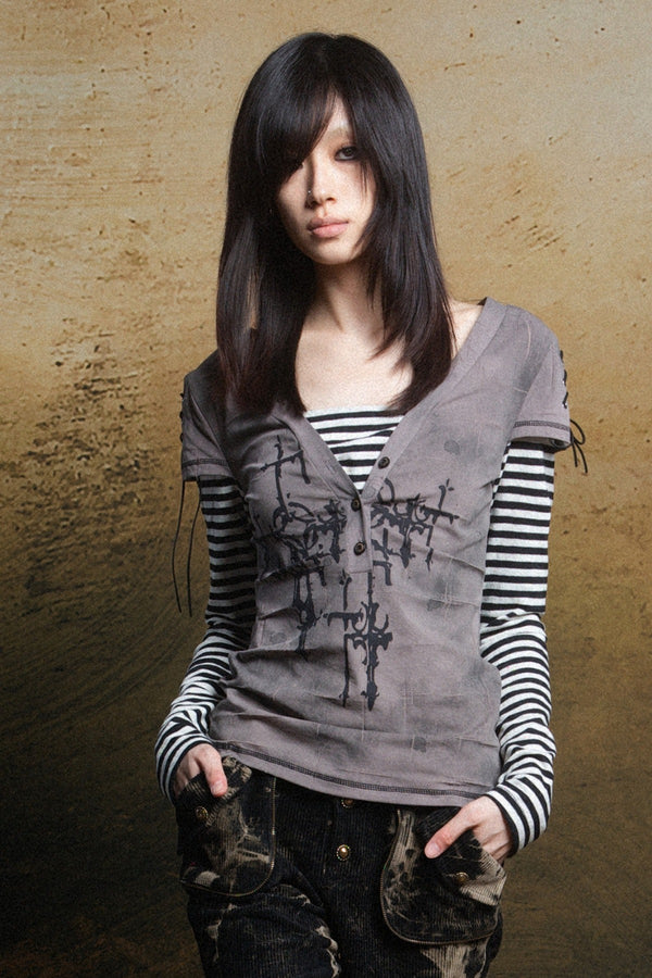 Cross Print Layered-Look V-Neck T-Shirt