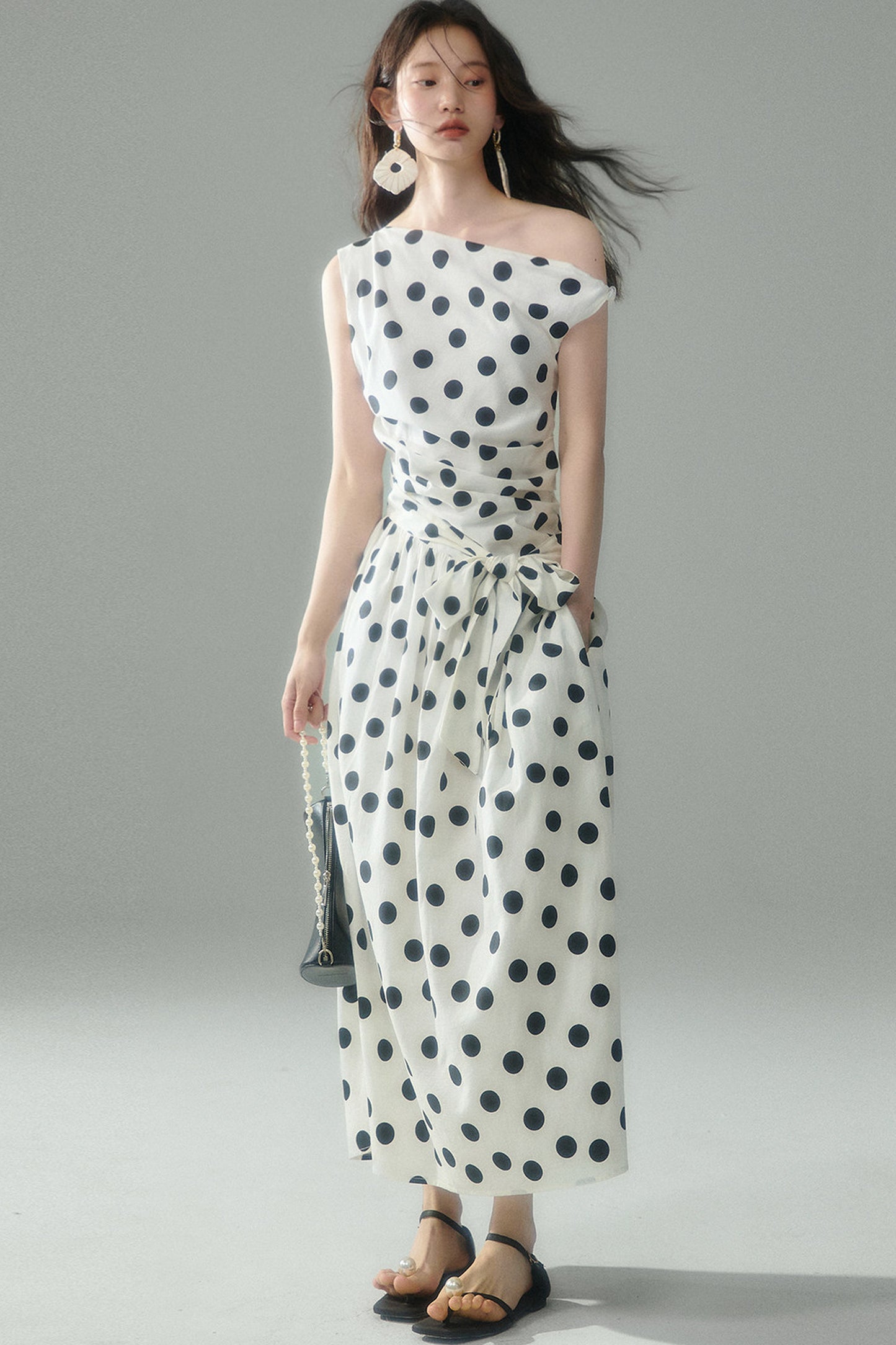 Off-Shoulder Polka Dot Twist Tie Dress