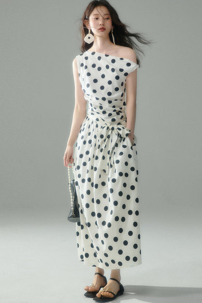 Off-Shoulder Polka Dot Twist Tie Dress