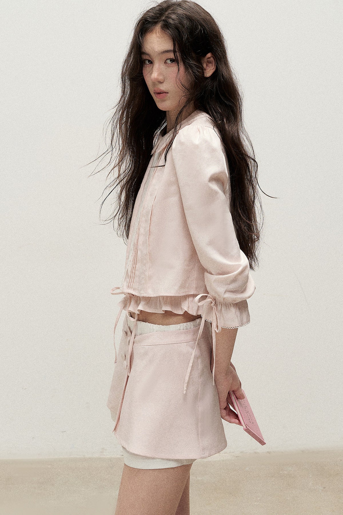 Mist Pink Lyocell Linen Mid-Sleeve Tuck Pleat Shirt Skirt Set-Up