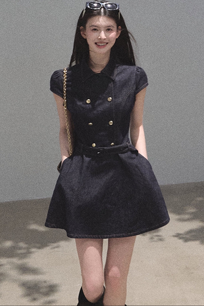 Retro Denim Waist-Cinching Dress Set-Up