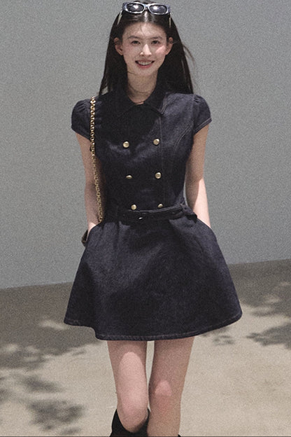 Retro Denim Waist-Cinching Dress Set-Up