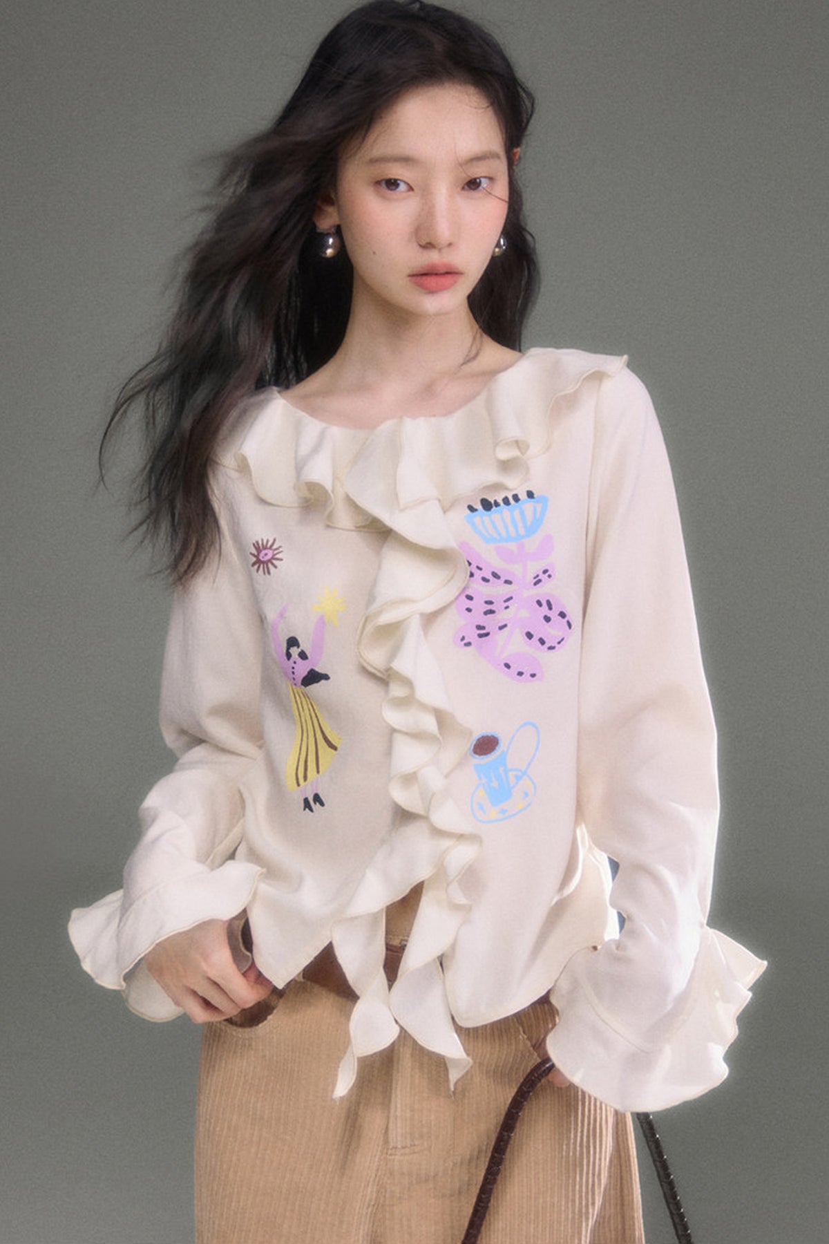 French Ruffle Flared Long-Sleeve Blouse