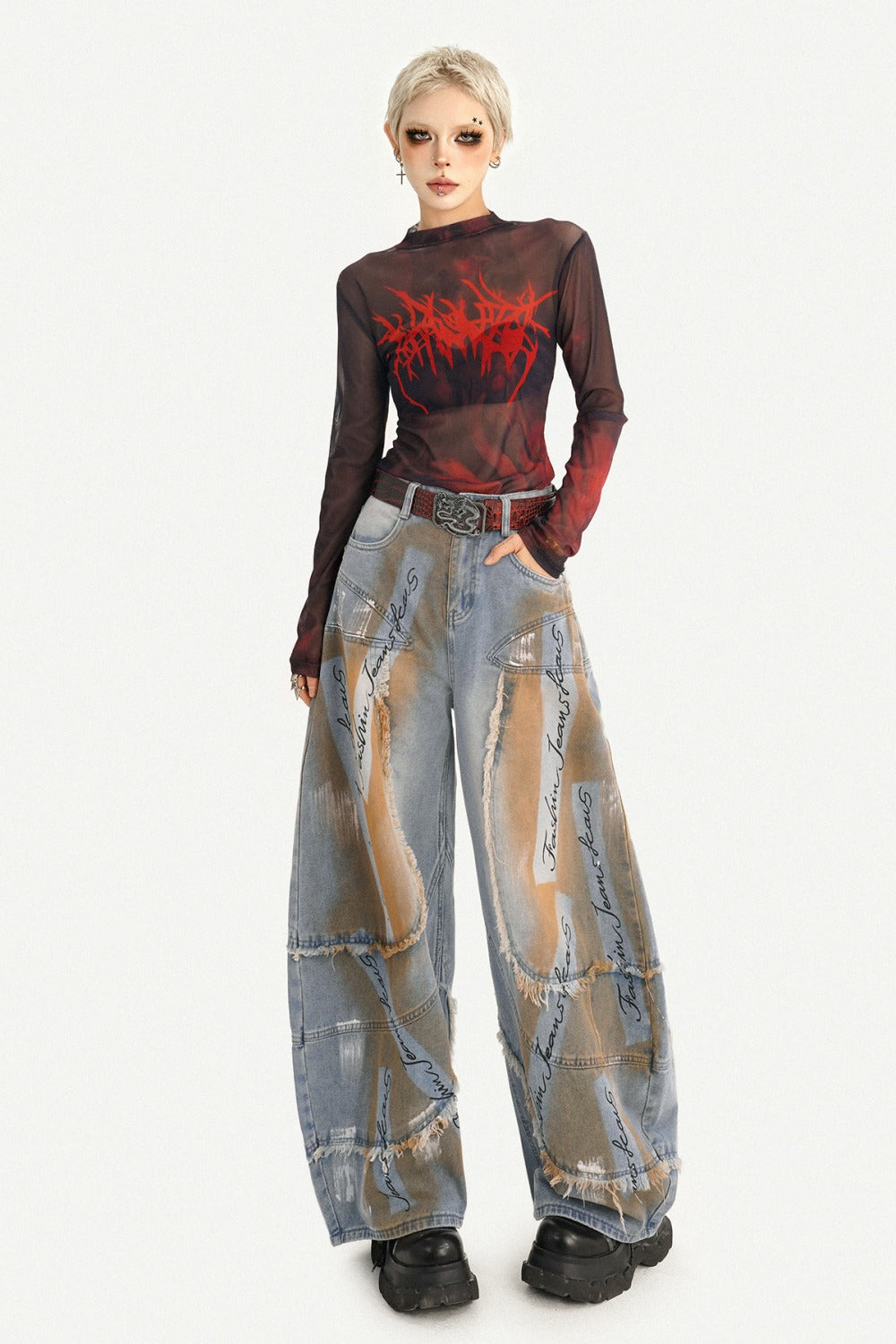 Red Graphic Mesh Long-Sleeved Top