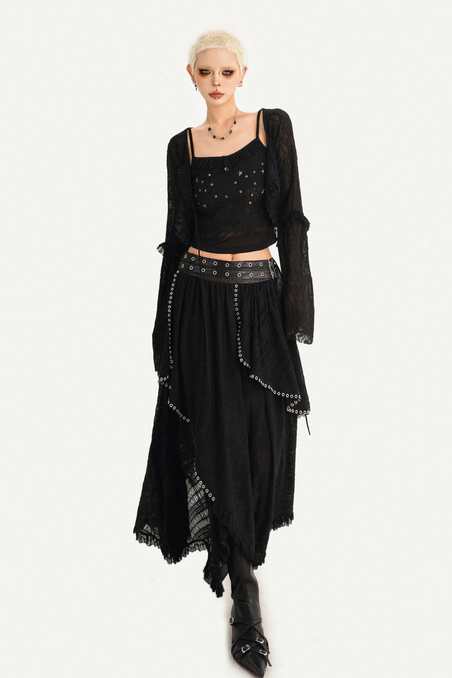 Star Embellished Camisole Cardigan And Long Skirt Set-Up