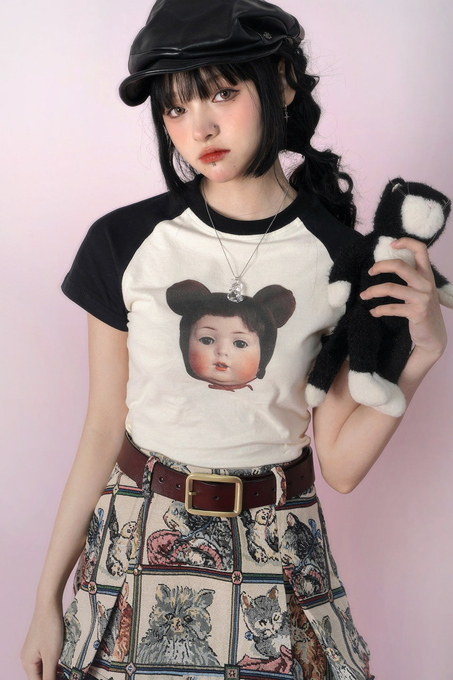 Bear Doll Print Patchwork T-shirt