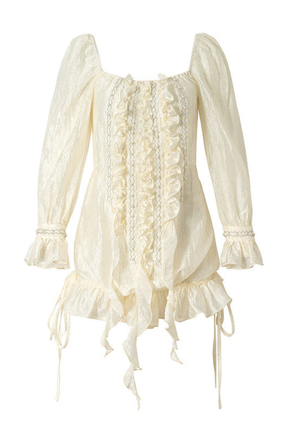 Ruffle Ribbon Puff Sleeve Blouse
