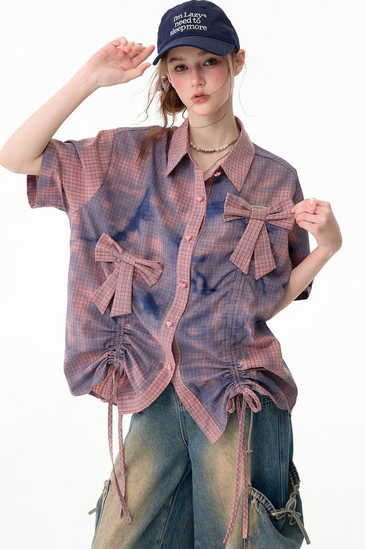 Chemise à manches courtes à carreaux roses avec nœud et cordon de serrage