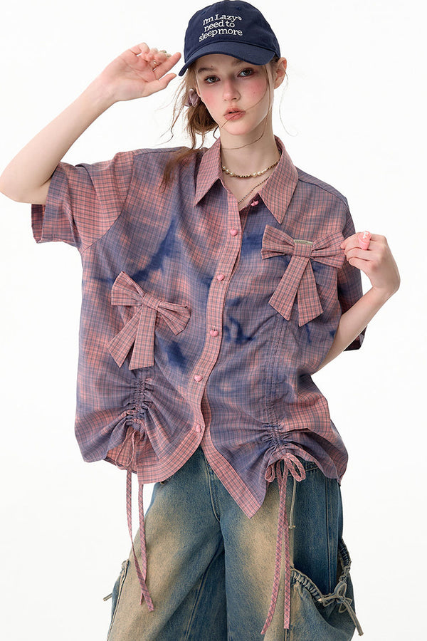 Pink Plaid Bow Drawstring Short-Sleeve Shirt