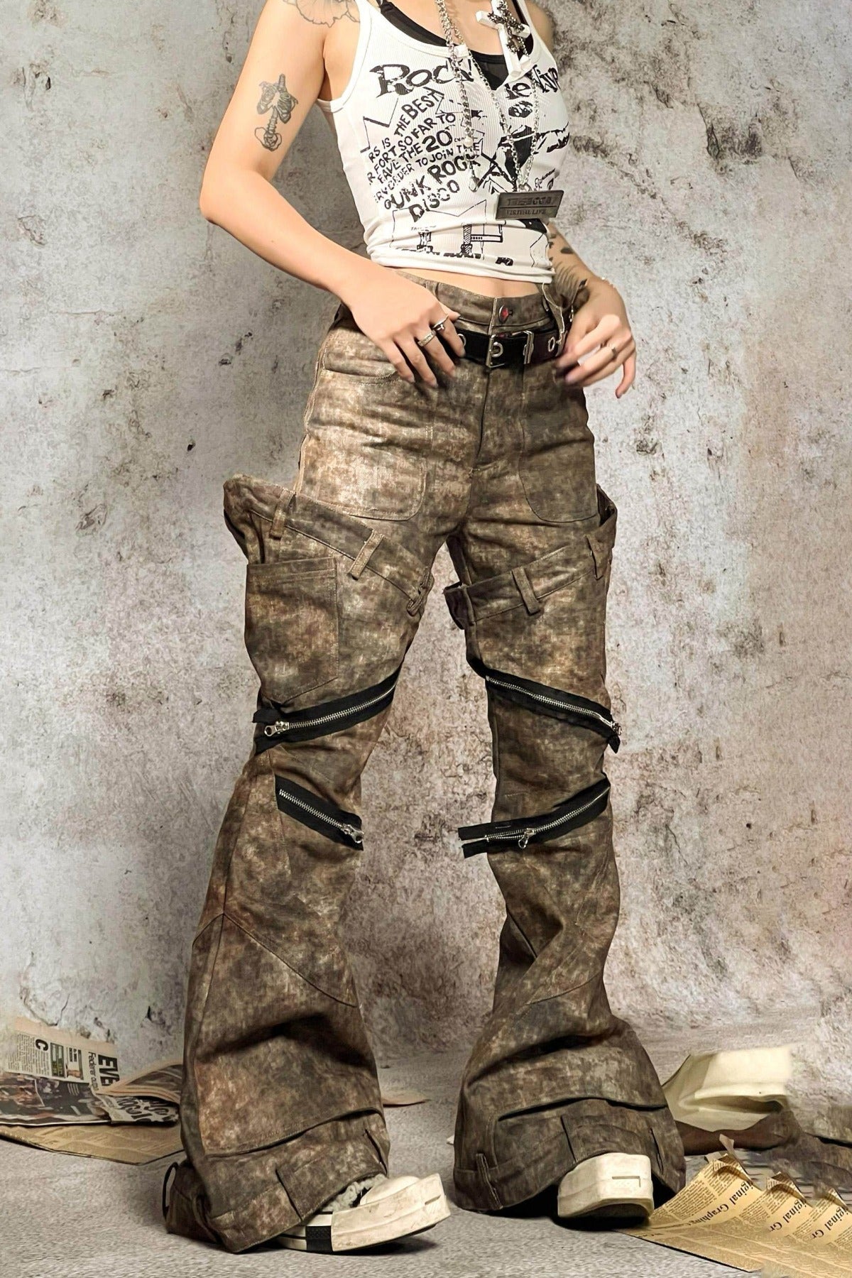 Rust Distressed Flared Zipper Jeans